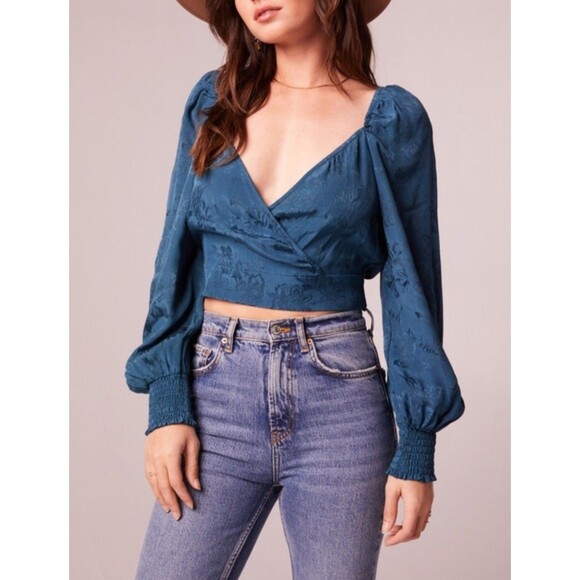 Band Of The Free Tops - Band of the Free Top Womens XS Deep Teal Long Sleeve Jacquard Tie Waist Boho